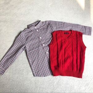 TFW red plaid button down & red cotton Vneck vest